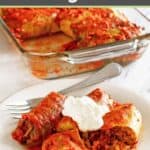 Stuffed cabbage rolls in a baking dish and a serving on a small plate.