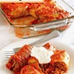 Homemade stuffed cabbage rolls in a glass baking dish and on a plate.
