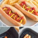 Air fryer hot dogs on a plate and in the air fryer.
