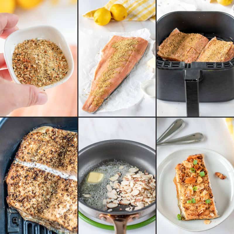 Making salmon almondine in an air fryer.