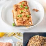 Air fryer salmon almondine on a plate and the ingredients on a marble surface.
