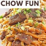 Homemade beef chow fun on a plate.
