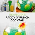 Copycat Bennigan's paddy o' punch ingredients and the cocktail in a fishbowl.