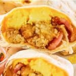 Homemade Burger King egg-normous breakfast burrito cut in half.