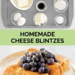 Homemade cheese blintz ingredients and three blintzes on a plate.