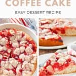 Homemade cherry coffee cake whole and a slice on a plate.
