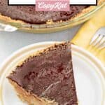 Slice of homemade chocolate peanut butter pie on a plate next to the pie.