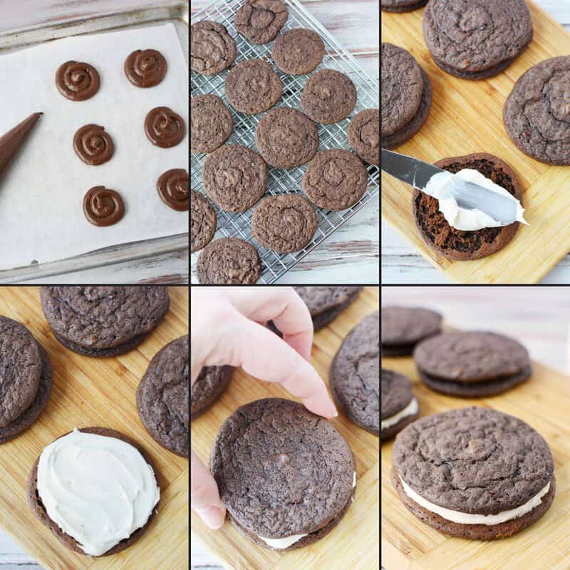 Baking and filling chocolate sandwich cookies.