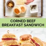 Corned beef breakfast sandwich ingredients and the sandwiches on a wood board.