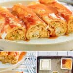 Homemade cream cheese chicken enchiladas ingredients and the finished dish.