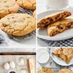 Homemade Crumbl chocolate chip cookies ingredients and the cookies with milk.