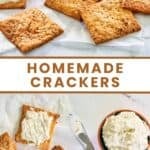 Homemade crackers on parchment paper and a bowl of cream cheese spread.