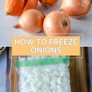 Whole onions and frozen chopped onions in freezer bags.