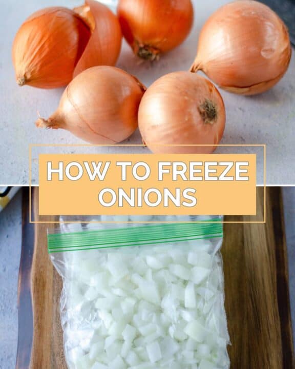 Whole onions and frozen chopped onions in freezer bags.