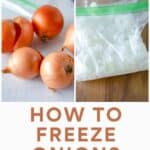 Raw onions and frozen onions in freezer bags.
