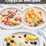 Three copycat IHOP breakfast crepes on plates.