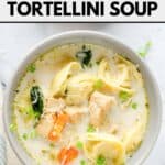 A bowl of Instant Pot chicken tortellini soup.