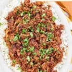 Instant Pot pulled pork with rice on a platter.