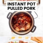 Instant pot pulled pork ingredients, in the cooker, and on a platter.