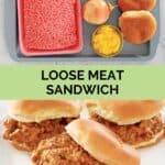 Loose meat sandwich ingredients and three sandwiches on a plate.