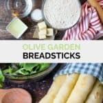 Copycat Olive Garden breadsticks ingredients and the breadsticks next to a salad.