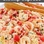 Homemade Olive Garden shrimp caprese pasta on a platter.