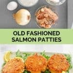 Old fashioned salmon patties ingredients and the patties over arugula on a platter.