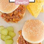 Homemade sloppy joes, tortilla chips, and pickle slices.