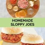 Homemade sloppy joes ingredients and two sandwiches.