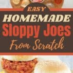Homemade sloppy joes ingredients and two sandwiches served with pickle slices.
