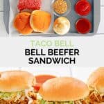 Copycat Taco Bell bell beefer ingredients and the sandwich on a wood board.