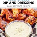 A small bowl of homemade Wingstop blue cheese dip in a basket with chicken wings.