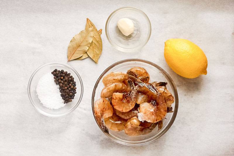 Boiled shrimp ingredients on parchment paper.