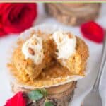 Carrot cake cupcake cut in half.