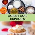 Carrot cake cupcakes ingredients and a cupcake.