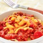 Homemade Jollibee Filipino style spaghetti in a bowl.