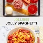 Copycat Jollibee spaghetti ingredients and the finished dish.