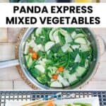 Copycat Panda Express mixed vegetables ingredients, cooking, and on a plate.