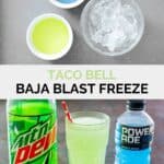 Copycat Taco Bell baja blast freeze ingredients and the finished drink.