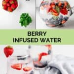 Berry infused water ingredients and the drink in a pitcher and glasses.
