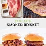 Homemade Buc-ee's brisket ingredients, a brisket on a smoker grate, and sandwiches.