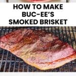 Copycat Buc-ee's brisket ingredients, on a smoker, and in sandwiches.