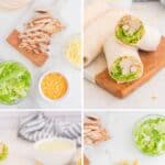 Homemade Chick Fil A cool wrap ingredients, making one, and the wrap cut in half.