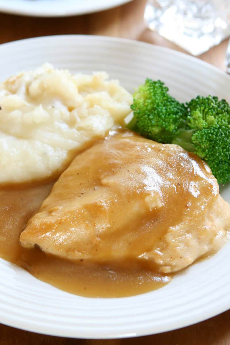 Homemade chicken gravy over roasted chicken on a plate.