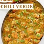 Homemade pork chili verde in a large copper pan.