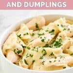 A bowl of homemade Cracker Barrel chicken and dumplings.