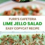 Copycat Furr's Cafeteria lime jello salad on a spoon and in a serving dish.