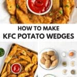 Copycat KFC potato wedges with ketchup and the ingredients in bowls.