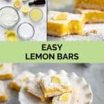 Lemon bars ingredients and the bars on a cake stand.