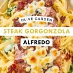 Homemade Olive Garden steak gorgonzola alfredo pasta on a platter.